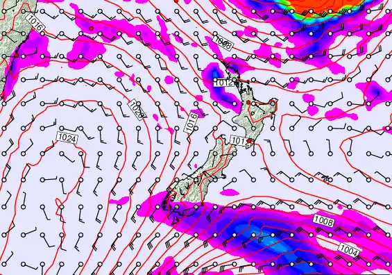 New Zealand forecast chart for Saturday, February 28th, 2026 at 6:00 PM