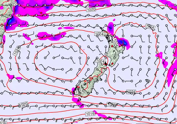 New Zealand forecast chart for Sunday, March 22nd, 2026 at 6:00 PM