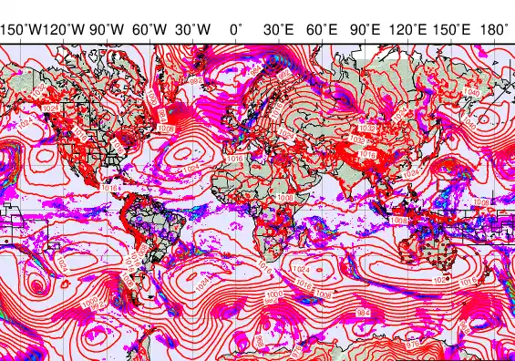 World forecast chart for Saturday, March 14th, 2026 at 6:00 AM
