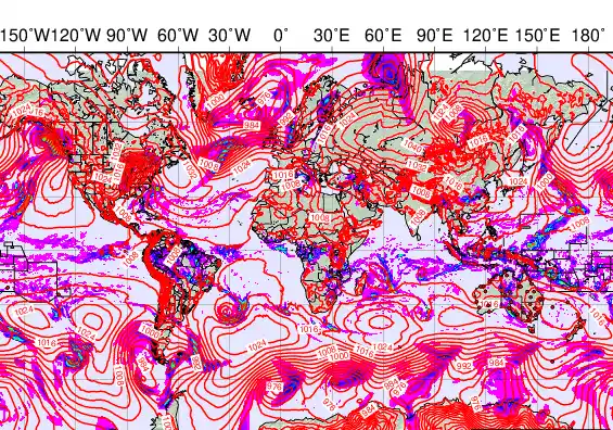 World forecast chart for Monday, March 16th, 2026 at 12:00 AM
