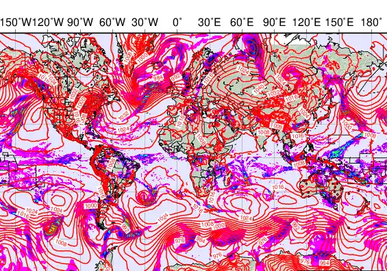 World forecast chart for Monday, March 16th, 2026 at 6:00 AM