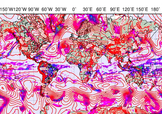 World forecast chart for Thursday, March 19th, 2026 at 12:00 AM