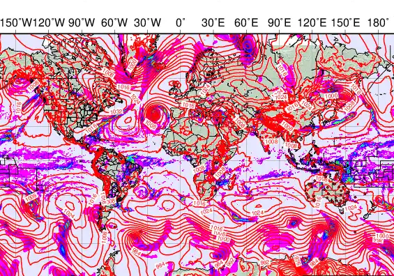 World forecast chart for Thursday, March 19th, 2026 at 12:00 PM