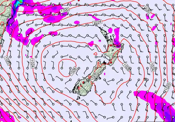 New Zealand forecast chart for Sunday, March 22nd, 2026 at 6:00 PM