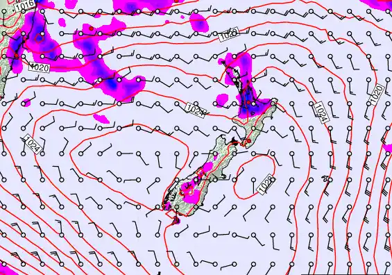 New Zealand forecast chart for Sunday, March 22nd, 2026 at 6:00 AM