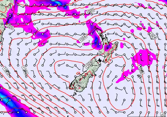 New Zealand forecast chart for Sunday, March 22nd, 2026 at 6:00 PM