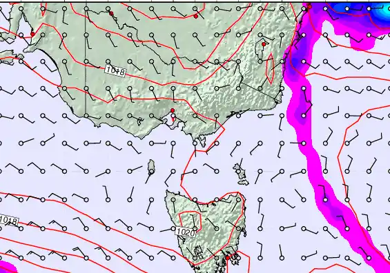 Victoria & Tasmania forecast chart for Thursday, March 19th, 2026 at 6:00 PM