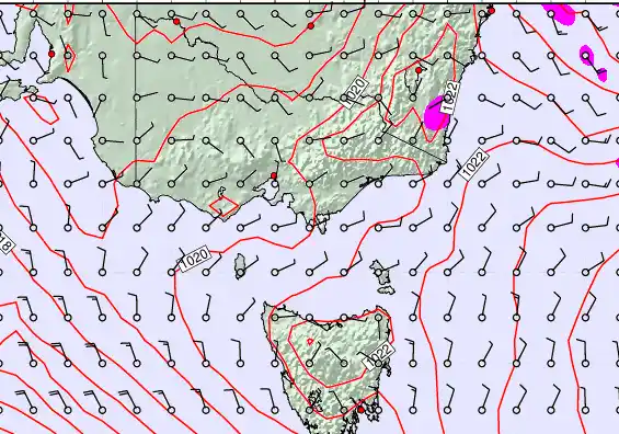 Victoria & Tasmania forecast chart for Saturday, March 21st, 2026 at 6:00 PM
