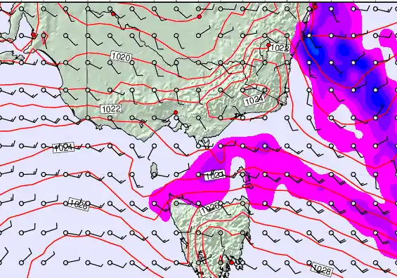 Victoria & Tasmania forecast chart for Monday, March 23rd, 2026 at 6:00 PM