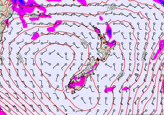 New Zealand forecast chart for Sunday, March 22nd, 2026 at 6:00 AM