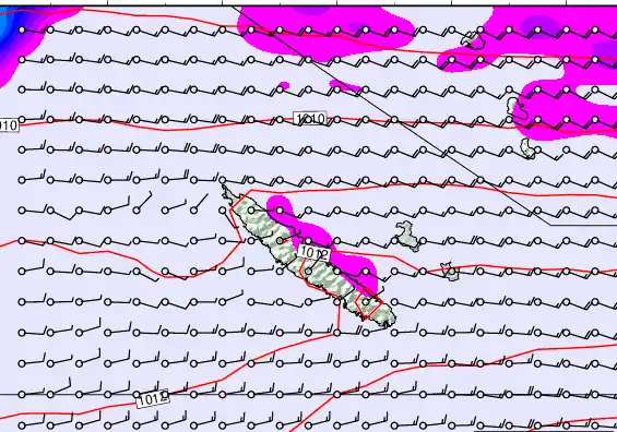 New Caledonia forecast chart for Saturday, March 28th, 2026 at 6:00 PM