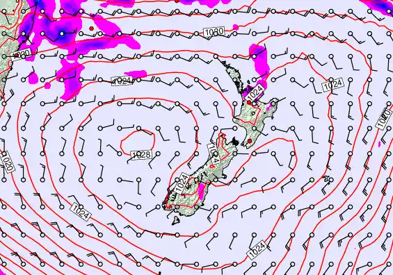 New Zealand forecast chart for Sunday, March 22nd, 2026 at 6:00 AM