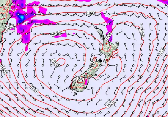 New Zealand forecast chart for Sunday, March 22nd, 2026 at 6:00 AM