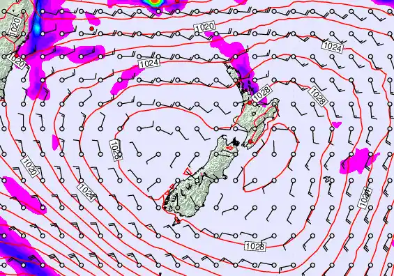New Zealand forecast chart for Sunday, March 22nd, 2026 at 6:00 PM