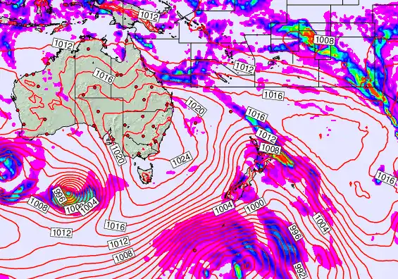 South West Pacific forecast chart for Monday, March 30th, 2026 at 12:00 AM
