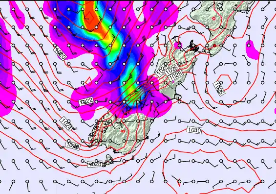 South Island forecast chart for Sunday, April 5th, 2026 at 12:00 AM