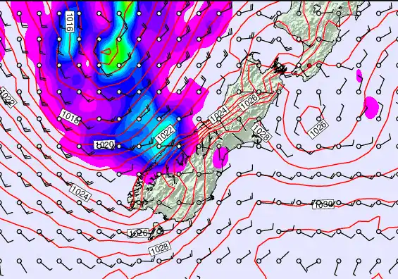South Island forecast chart for Sunday, April 5th, 2026 at 6:00 AM