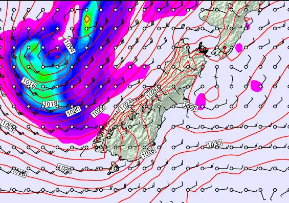 South Island forecast chart for Sunday, April 5th, 2026 at 12:00 PM