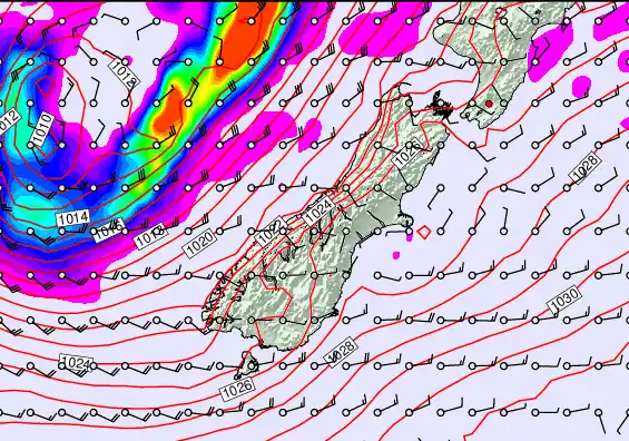 South Island forecast chart for Sunday, April 5th, 2026 at 6:00 PM