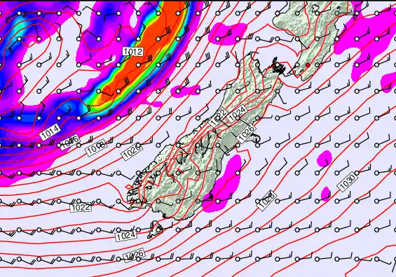 South Island forecast chart for Monday, April 6th, 2026 at 12:00 AM