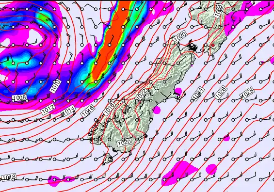South Island forecast chart for Monday, April 6th, 2026 at 12:00 PM