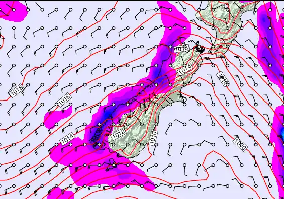 South Island forecast chart for Wednesday, April 8th, 2026 at 6:00 PM