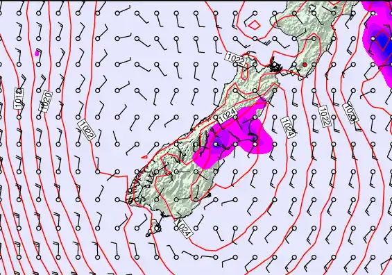 South Island forecast chart for Thursday, April 9th, 2026 at 6:00 PM