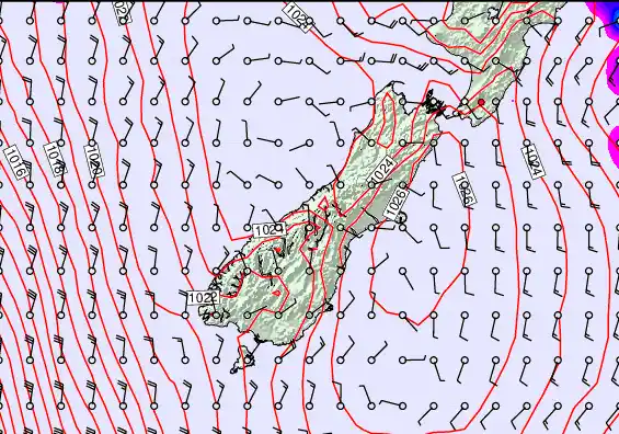 South Island forecast chart for Friday, April 10th, 2026 at 12:00 AM