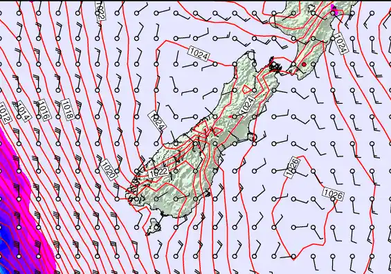 South Island forecast chart for Friday, April 10th, 2026 at 6:00 AM