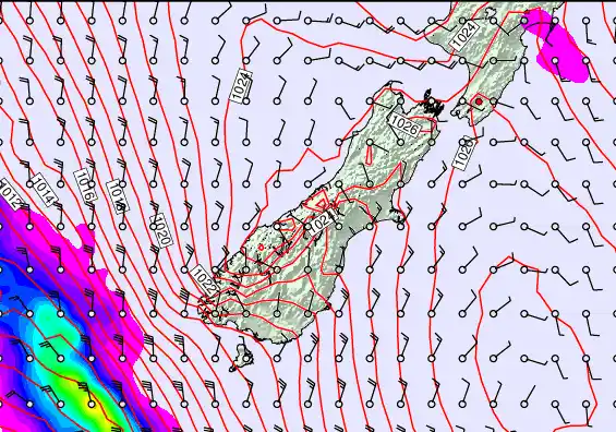 South Island forecast chart for Friday, April 10th, 2026 at 12:00 PM