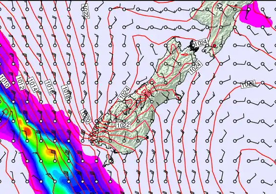 South Island forecast chart for Friday, April 10th, 2026 at 6:00 PM
