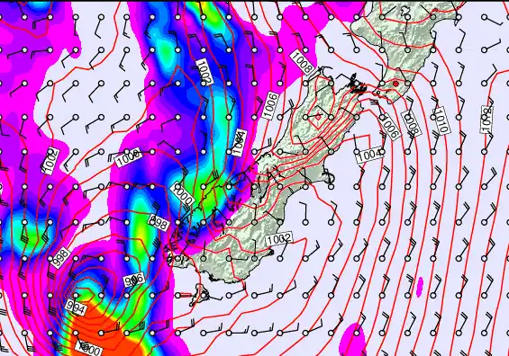 South Island forecast chart for Sunday, April 12th, 2026 at 6:00 PM