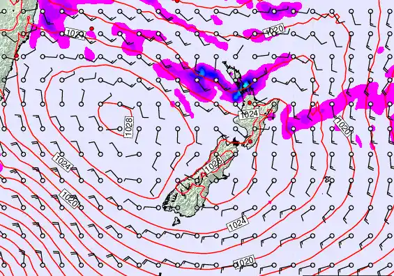New Zealand forecast chart for Saturday, April 25th, 2026 at 6:00 AM