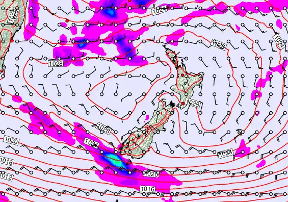 New Zealand forecast chart for Saturday, April 25th, 2026 at 12:00 PM