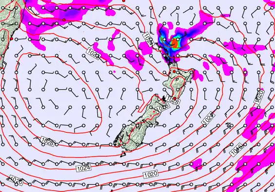 New Zealand forecast chart for Thursday, April 23rd, 2026 at 12:00 PM