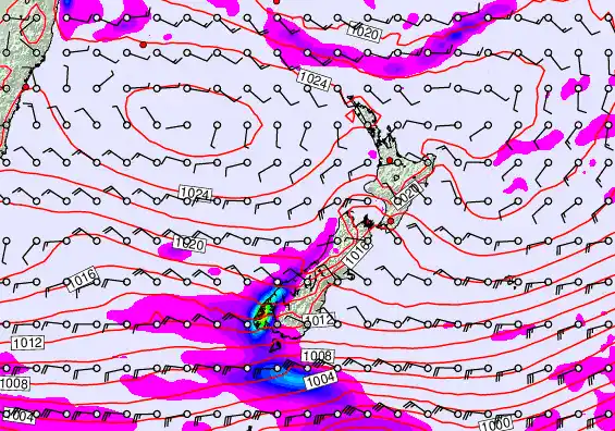New Zealand forecast chart for Saturday, April 25th, 2026 at 6:00 PM