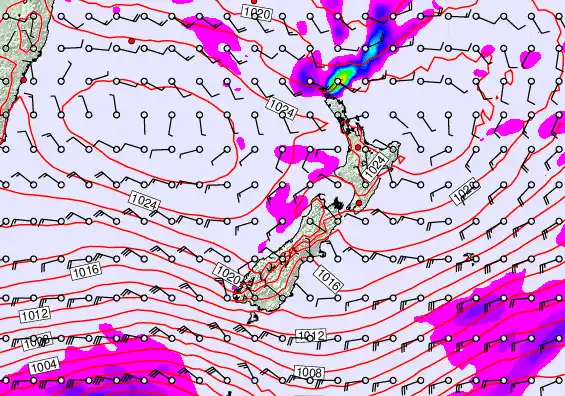 New Zealand forecast chart for Saturday, April 25th, 2026 at 6:00 PM