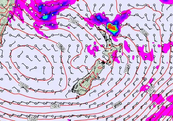 New Zealand forecast chart for Thursday, April 23rd, 2026 at 6:00 AM