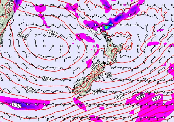 New Zealand forecast chart for Saturday, April 25th, 2026 at 12:00 PM