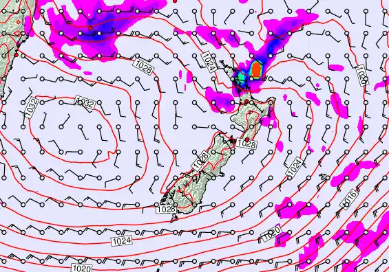 New Zealand forecast chart for Thursday, April 23rd, 2026 at 12:00 PM