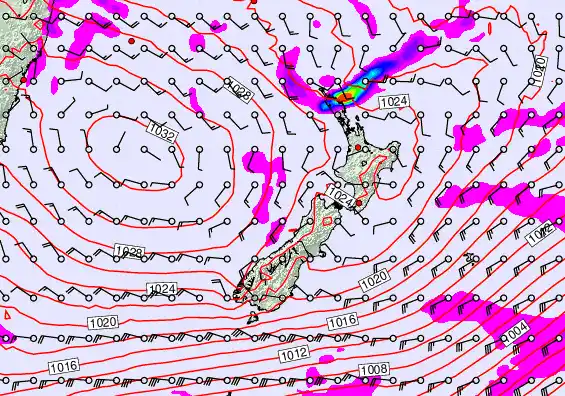 New Zealand forecast chart for Saturday, April 25th, 2026 at 12:00 AM