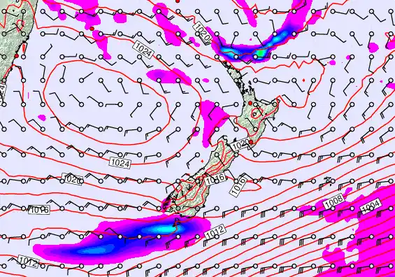 New Zealand forecast chart for Saturday, April 25th, 2026 at 6:00 PM