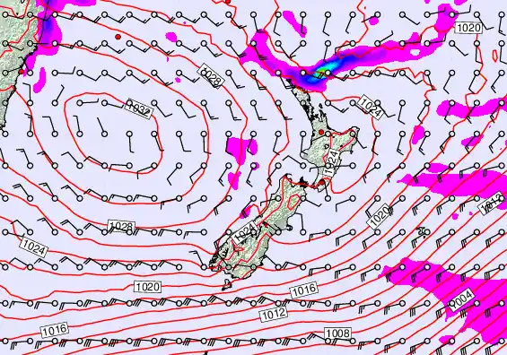New Zealand forecast chart for Saturday, April 25th, 2026 at 12:00 AM