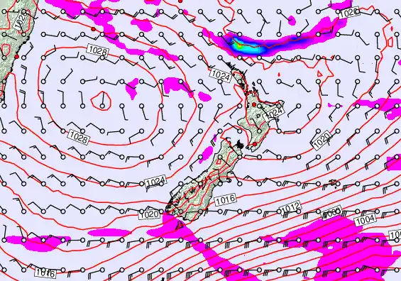 New Zealand forecast chart for Saturday, April 25th, 2026 at 12:00 PM