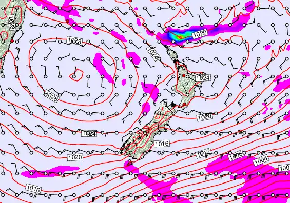 New Zealand forecast chart for Saturday, April 25th, 2026 at 12:00 PM