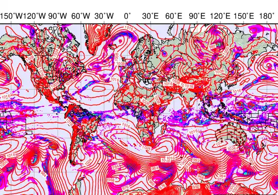 World forecast chart for Thursday, May 7th, 2026 at 12:00 AM