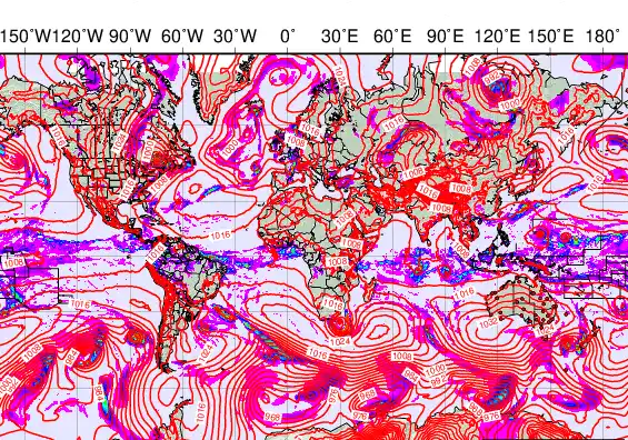 World forecast chart for Thursday, May 7th, 2026 at 12:00 PM