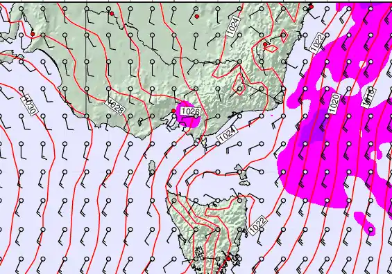 Victoria & Tasmania forecast chart for Saturday, May 9th, 2026 at 6:00 AM