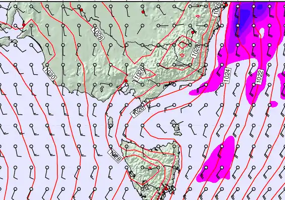 Victoria & Tasmania forecast chart for Saturday, May 9th, 2026 at 6:00 PM