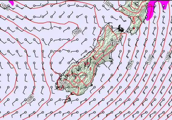 South Island forecast chart for Thursday, May 14th, 2026 at 12:00 AM